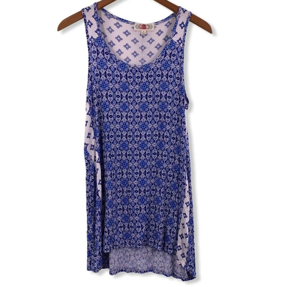 Pink Rose Blue Patterned Sleeveless‎ Top Small